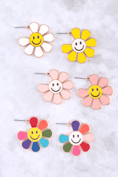 SMILEY FLOWER SHAPED ENAMEL HOOP EARRINGS