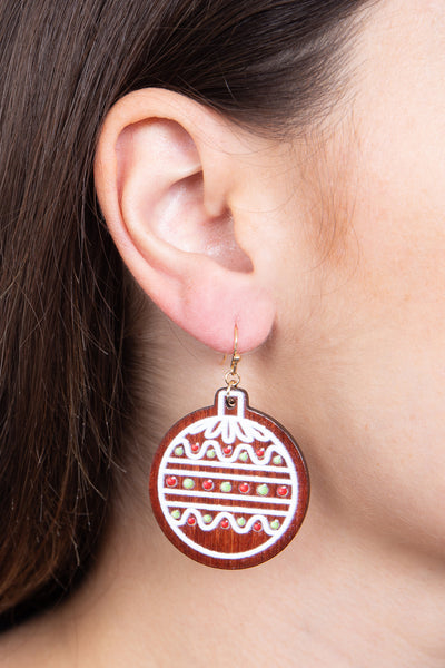 1.75" WOOD CHRISTMAS ORNAMENT BALL HOOK EARRINGS