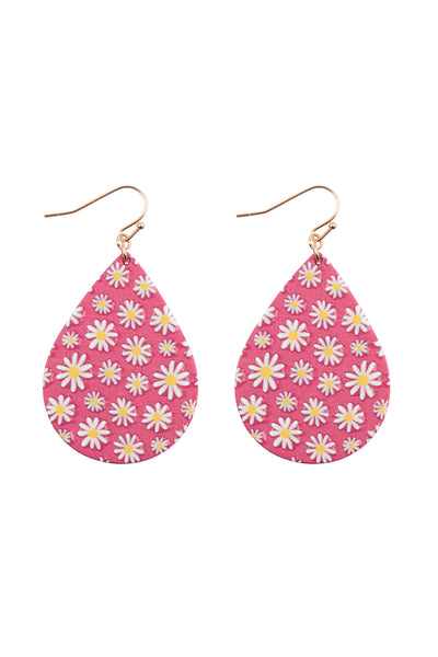 2" FLOWER DAISY PRINT WOOD TEARDROP EARRINGS