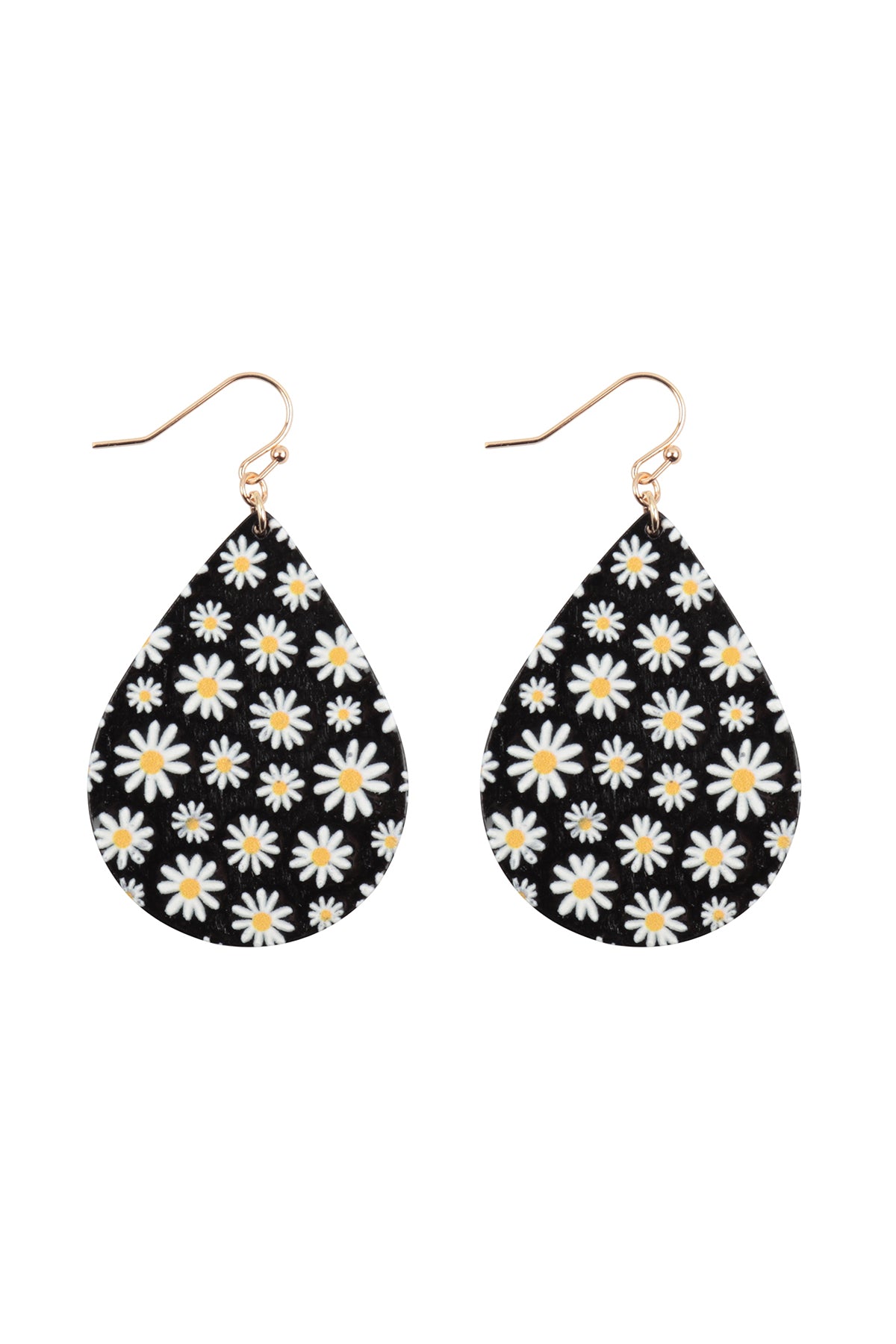 2" FLOWER DAISY PRINT WOOD TEARDROP EARRINGS