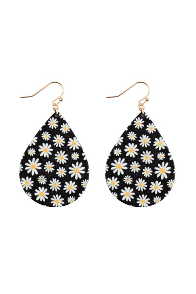 2" FLOWER DAISY PRINT WOOD TEARDROP EARRINGS