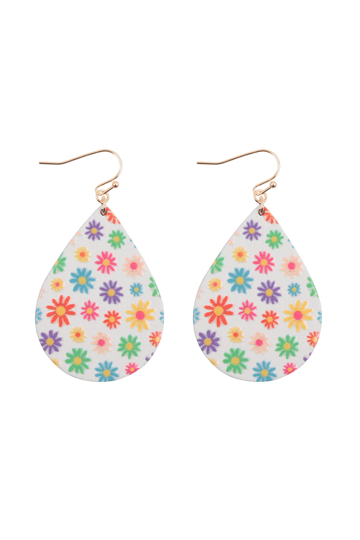 2" FLOWER DAISY PRINT WOOD TEARDROP EARRINGS