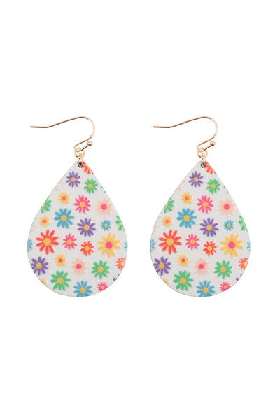 2" FLOWER DAISY PRINT WOOD TEARDROP EARRINGS