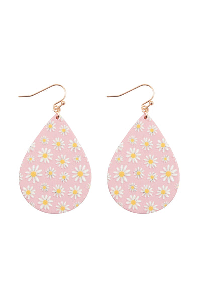 2" FLOWER DAISY PRINT WOOD TEARDROP EARRINGS