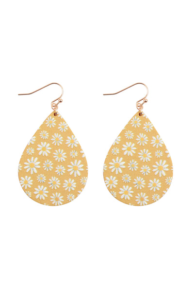2" FLOWER DAISY PRINT WOOD TEARDROP EARRINGS