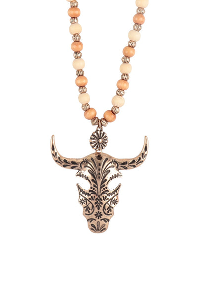 30" WOOD BEAD LONGHORN SKULL NECKLACE