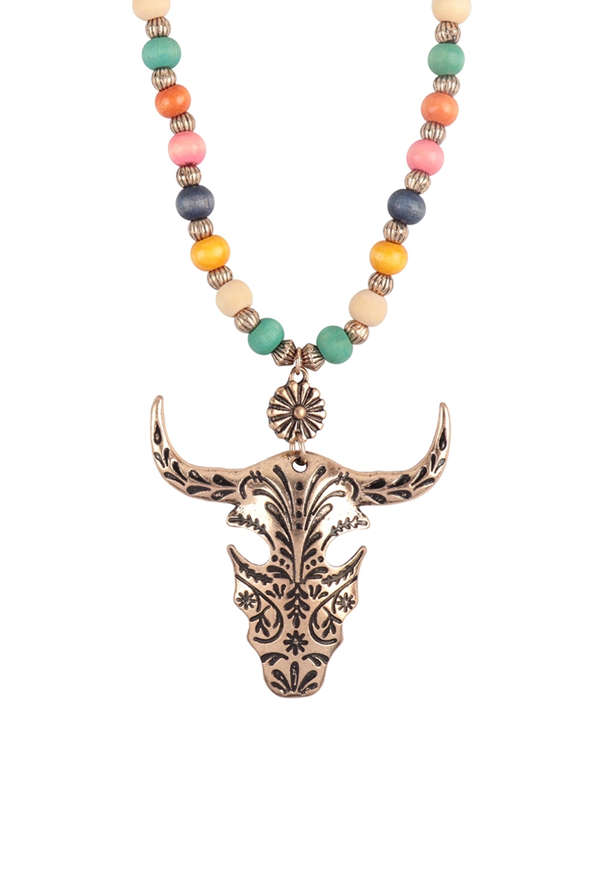 30" WOOD BEAD LONGHORN SKULL NECKLACE