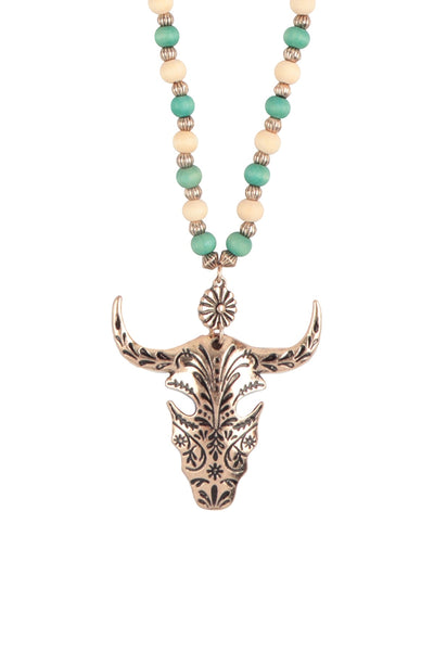 30" WOOD BEAD LONGHORN SKULL NECKLACE