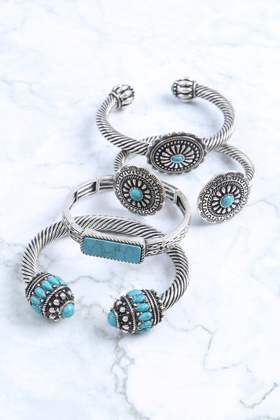 WESTERN CONCHO FLOWER STONE TWISTED WIRE CUFF BRACELET
