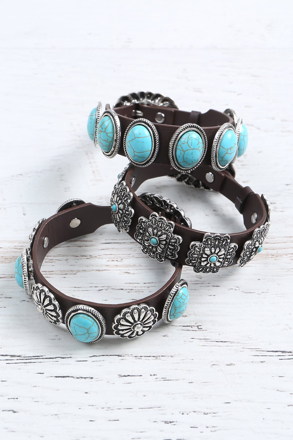 WESTERN CONCHO LEATHER FLOWER OVAL SEMI STONE BRACELET