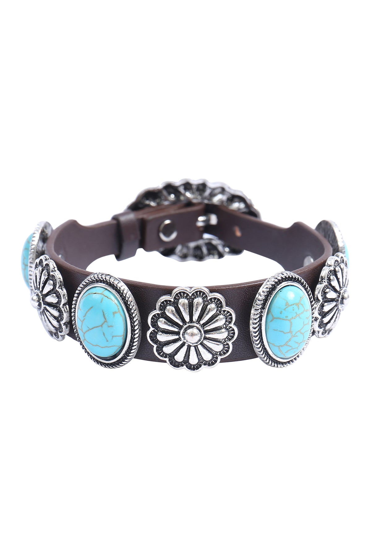 WESTERN CONCHO LEATHER FLOWER OVAL SEMI STONE BRACELET