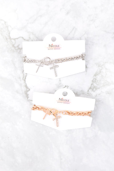 DOUBLE CROSS TOGGLE LOCK CHARM BRACELET