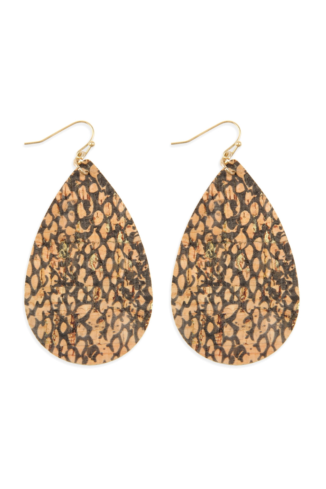 LEATHER CORK FISH HOOK TEARDROP EARRINGS