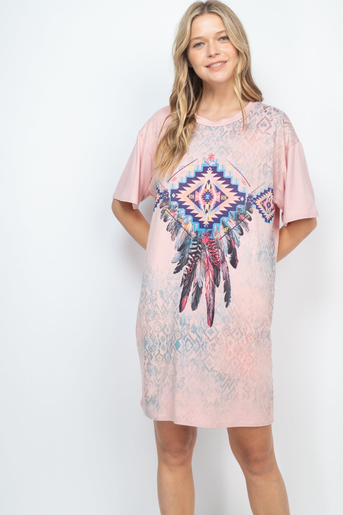 PINK FEATHER PRINT DRESS (NOW $3.50 ONLY!)