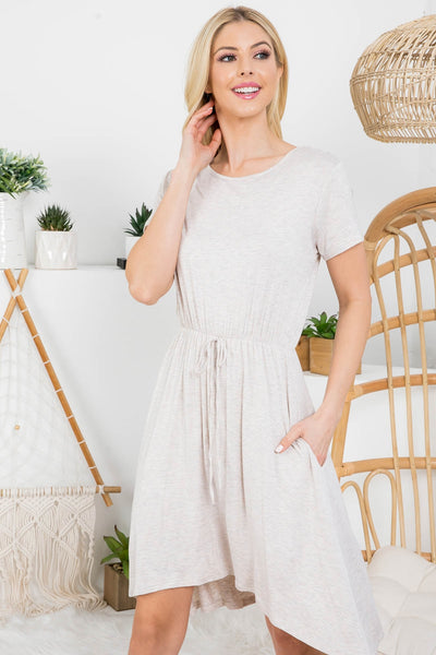 OATMEAL ROUND NECK DRAW STRING ASYMMETRICAL DRESS