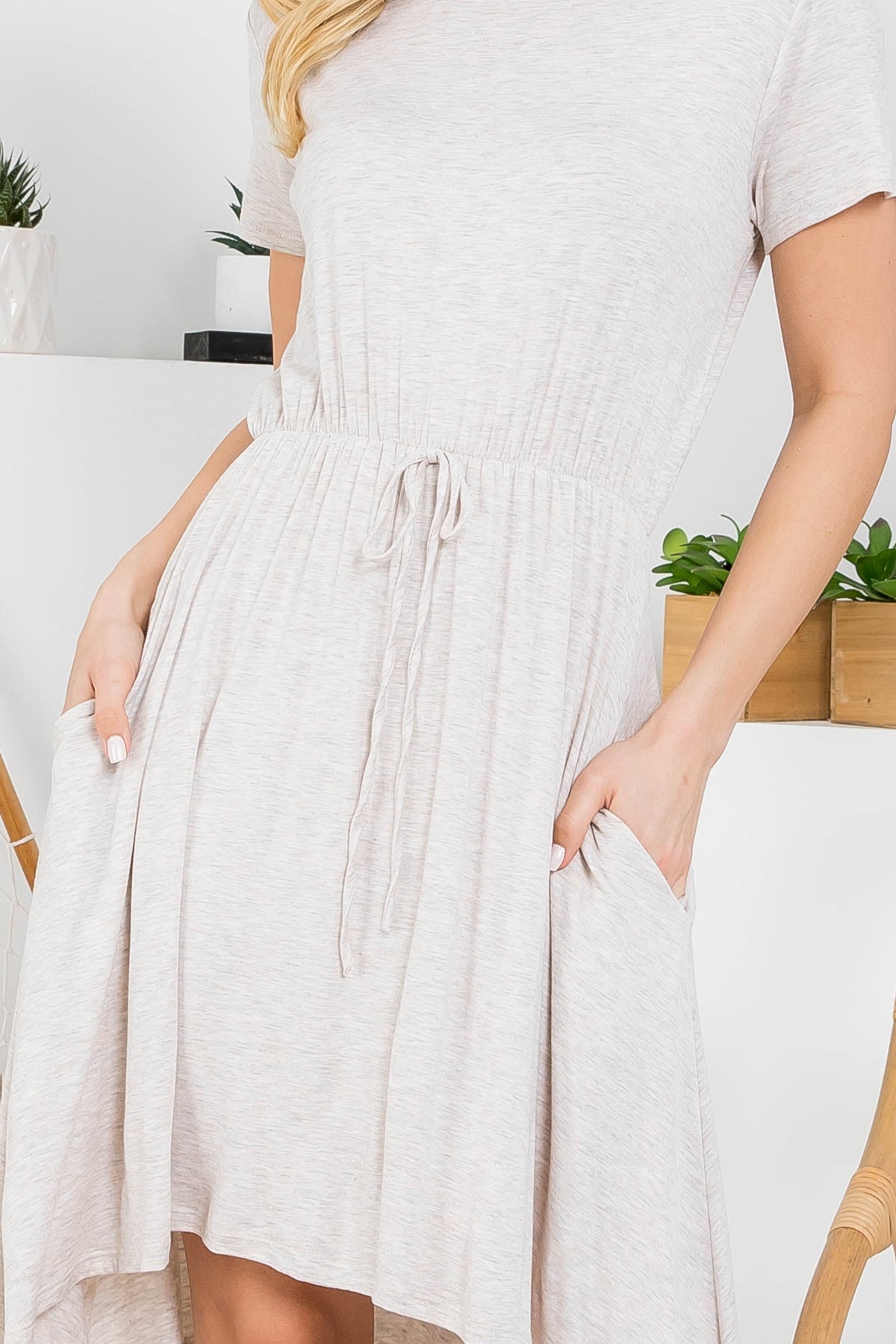 OATMEAL ROUND NECK DRAW STRING ASYMMETRICAL DRESS