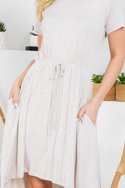 OATMEAL ROUND NECK DRAW STRING ASYMMETRICAL DRESS