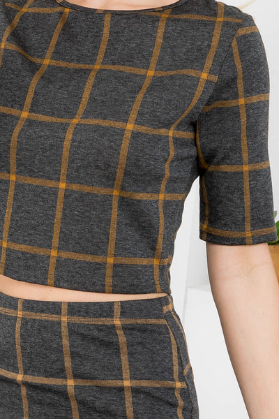 CHARCOAL MUSTARD CHECKERED DROPPED SHOULDER TOP & SKIRT SET