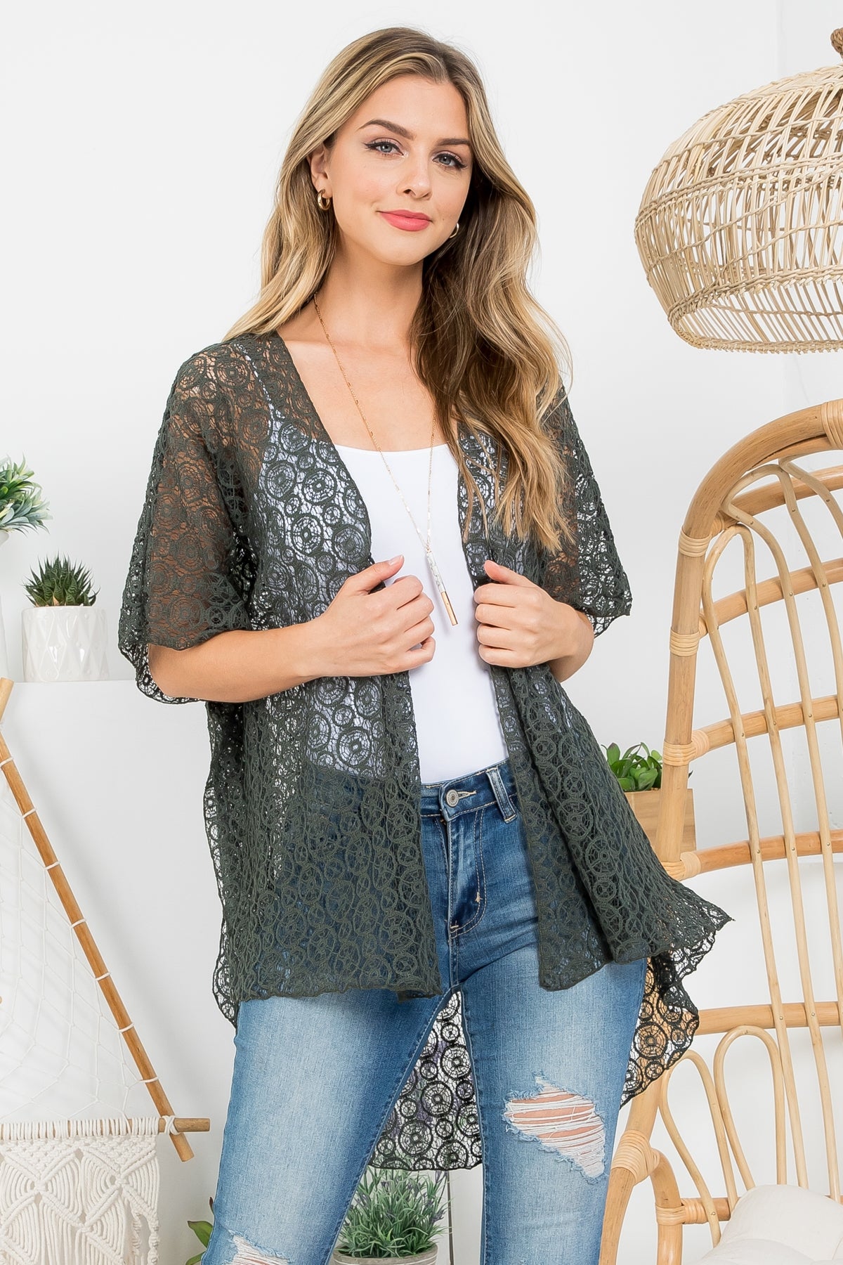 OLIVE DETAILED CROCHET KIMONO