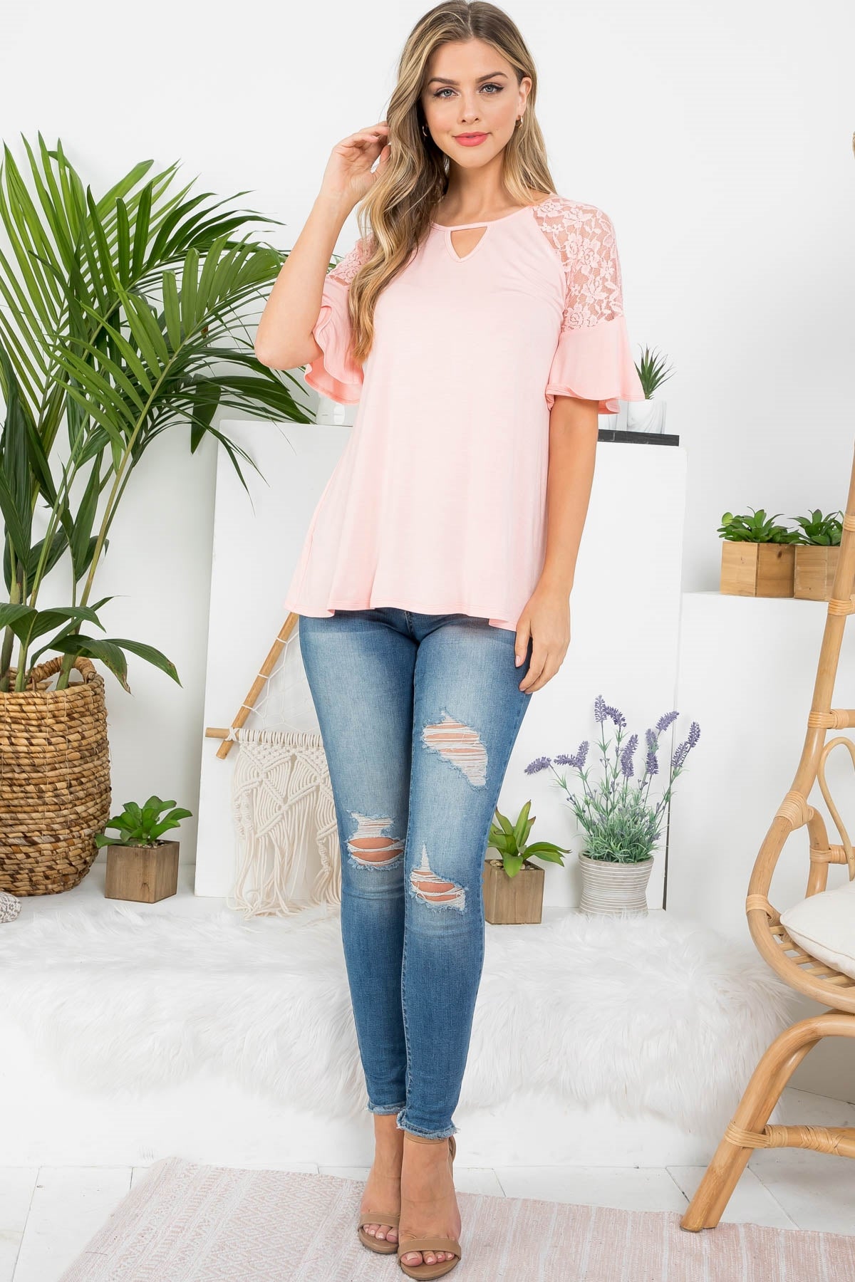 BLUSH KEYHOLE LACE DETAILED BELL SLEEVE TOP