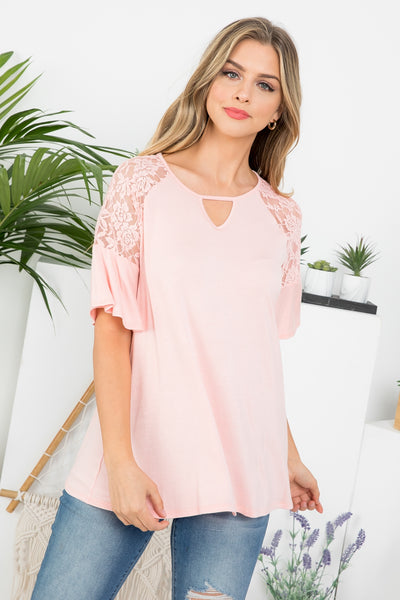 BLUSH KEYHOLE LACE DETAILED BELL SLEEVE TOP