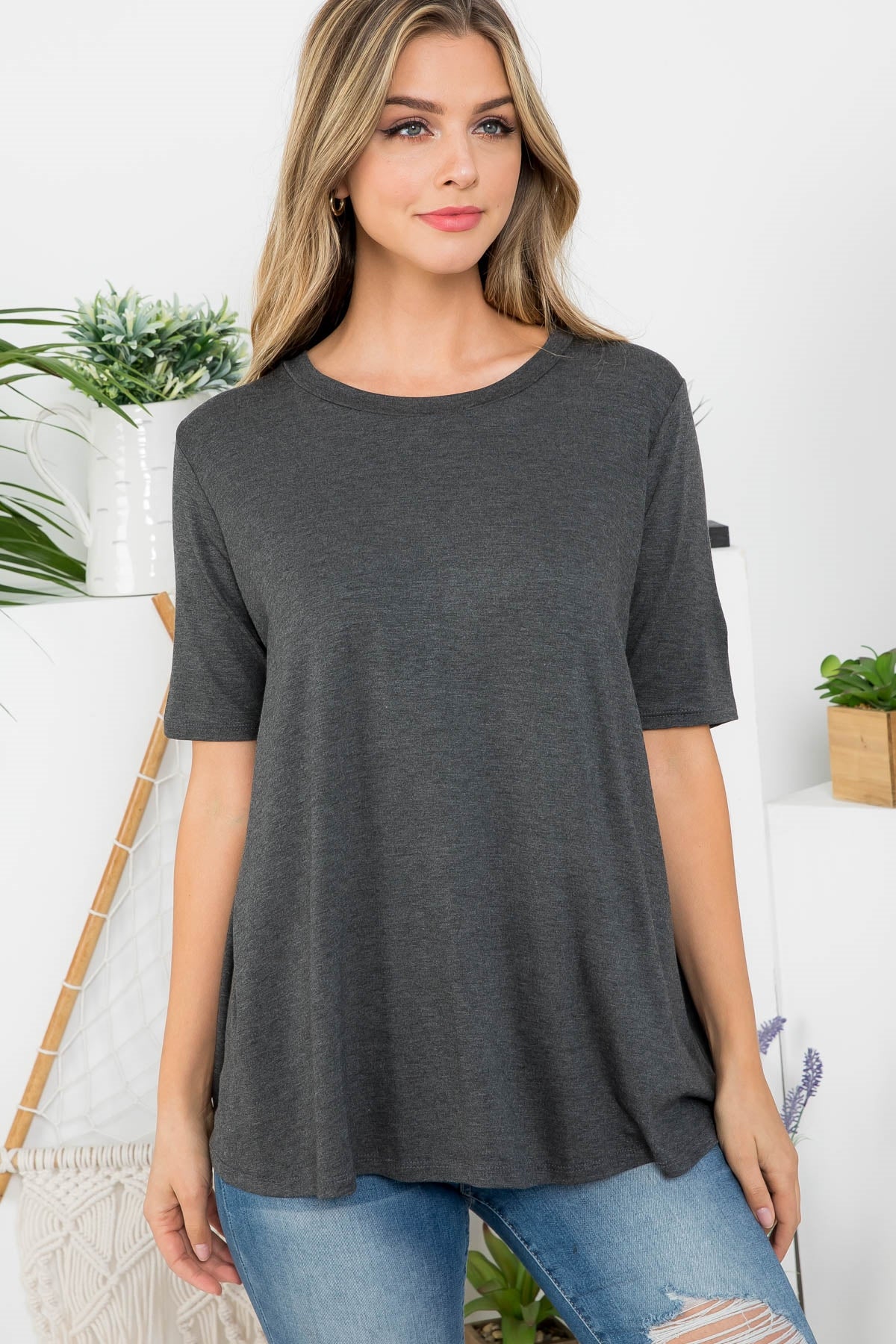 CHARCOAL ROUND NECK BABYDOLL TOP