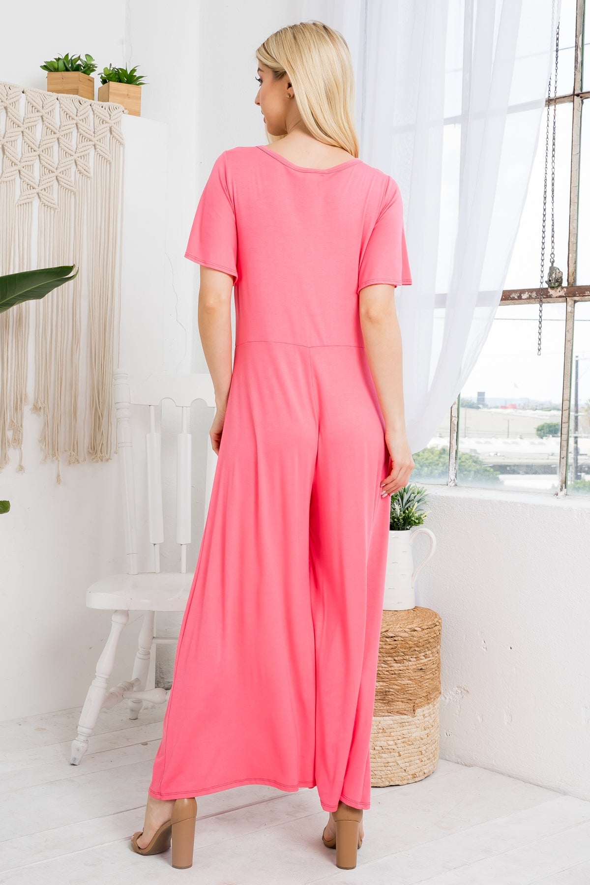 CORAL V-NECK BUTTON DOWN BELL BOTTOM JUMPSUIT