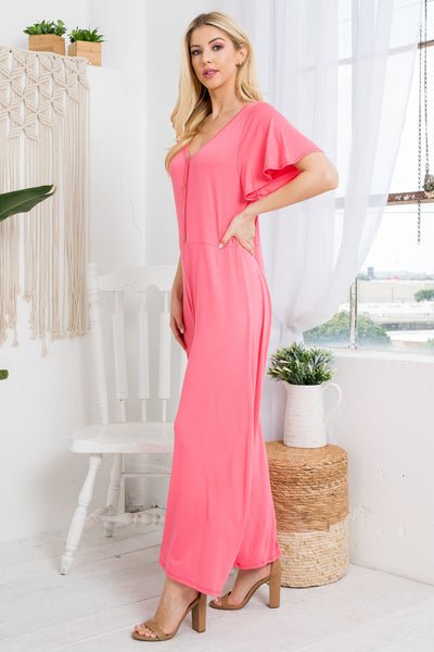 CORAL V-NECK BUTTON DOWN BELL BOTTOM JUMPSUIT