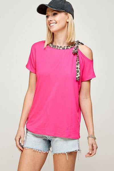 FUCHSIA ONE SIDED COLD SHOULDER ANIMAL PRINT DETAILED PLUS SIZE TOP