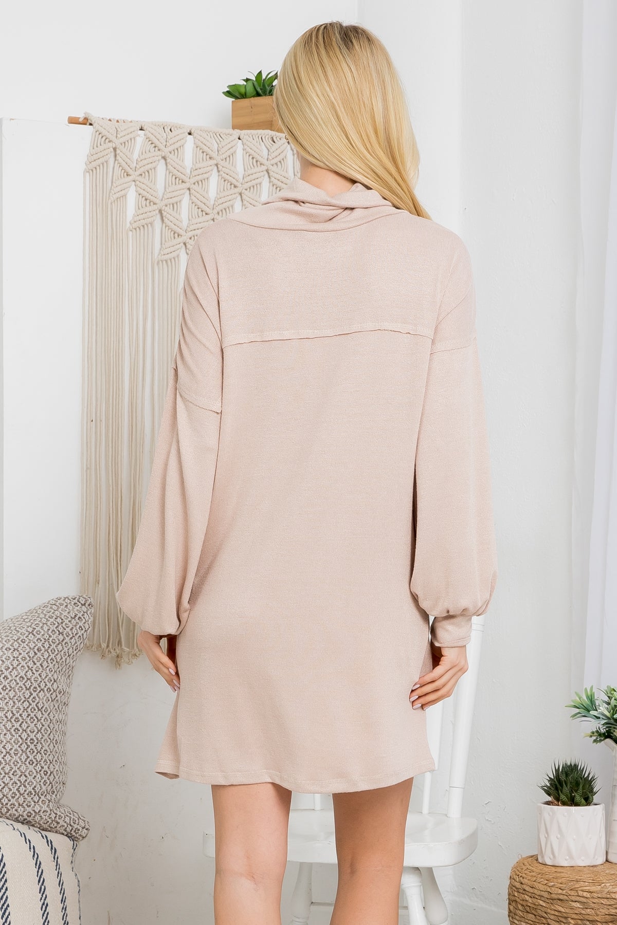 BEIGE COWL NECK WITH BOTTOM SIDE POCKET CUFFED LONG SLEEVE BABYDOLL DRESS (NOW $5.75 ONLY!)