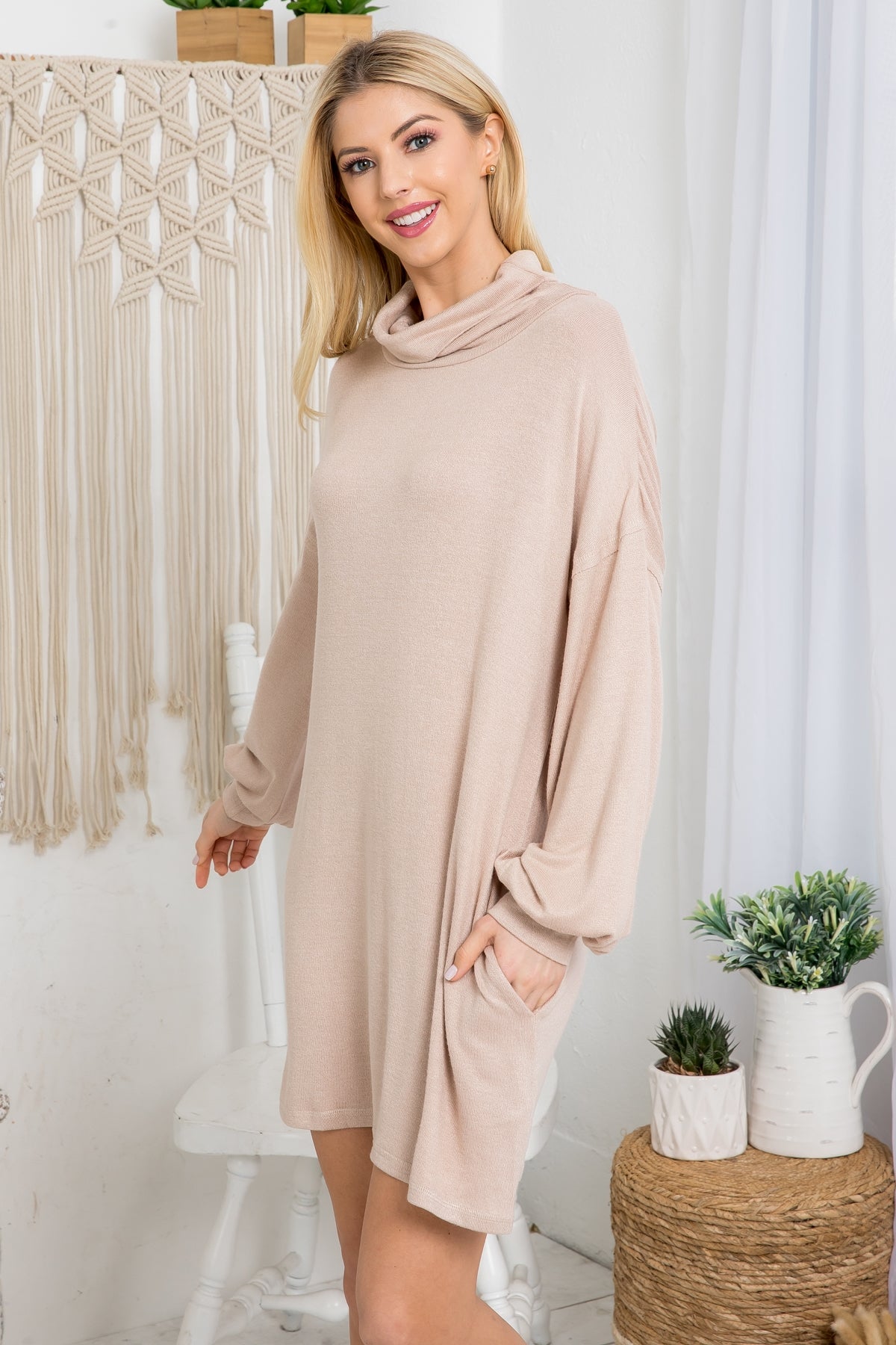 BEIGE COWL NECK WITH BOTTOM SIDE POCKET CUFFED LONG SLEEVE BABYDOLL DRESS (NOW $5.75 ONLY!)