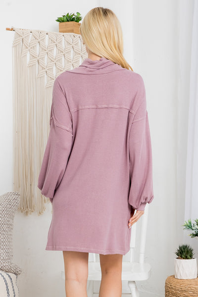 MAUVE COWL NECK WITH BOTTOM SIDE POCKET CUFFED LONG SLEEVE BABYDOLL DRESS