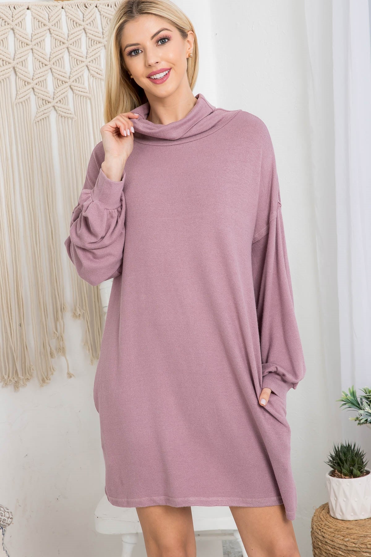 MAUVE COWL NECK WITH BOTTOM SIDE POCKET CUFFED LONG SLEEVE BABYDOLL DRESS