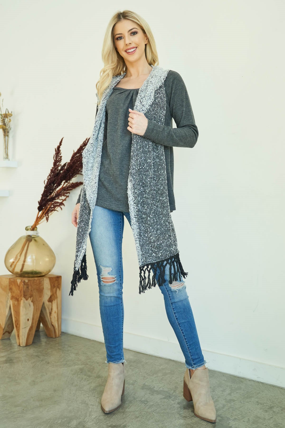CHARCOAL ROUND NECK WITH SCARF DETAIL FRONT LONG SLEEVE TOP