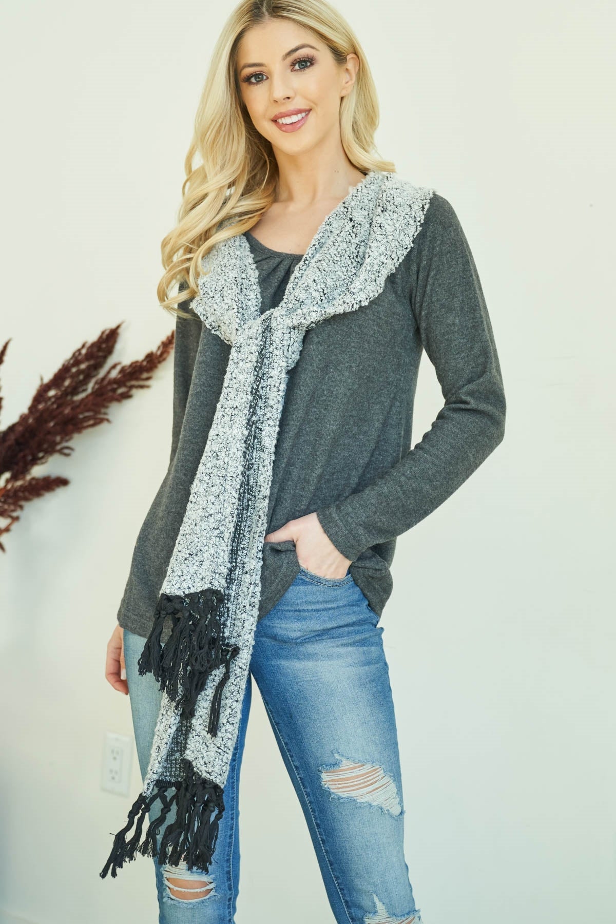 CHARCOAL ROUND NECK WITH SCARF DETAIL FRONT LONG SLEEVE TOP