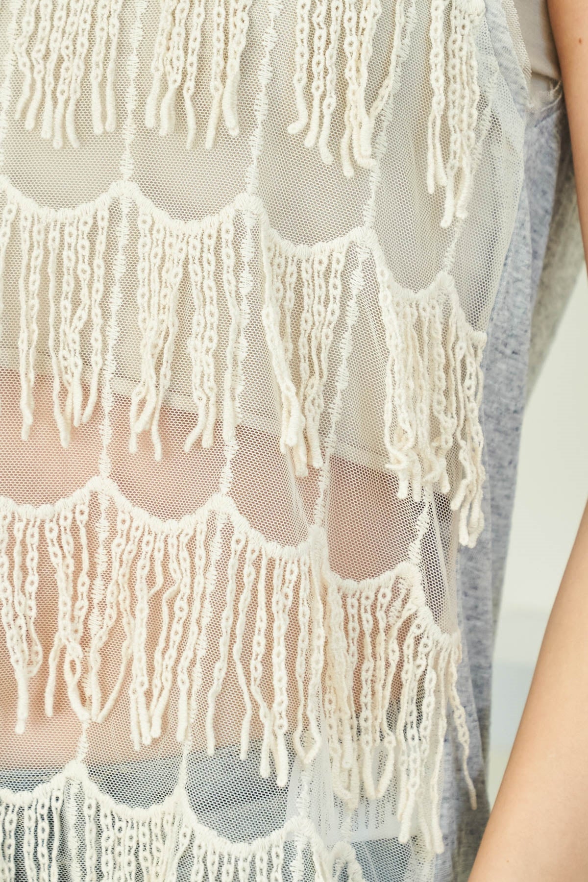 GRAY ROUND NECK WITH CROCHET FRINGE DETAIL HIGH-LOW SLEEVELESS TOP