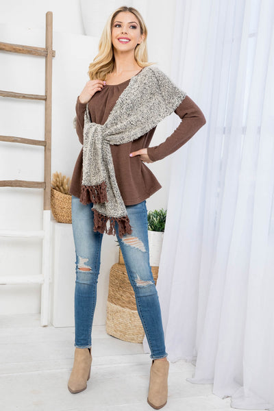 BROWN IVORY FAUX SCARF WITH FRINGE DETAIL LONG SLEEVE TOP