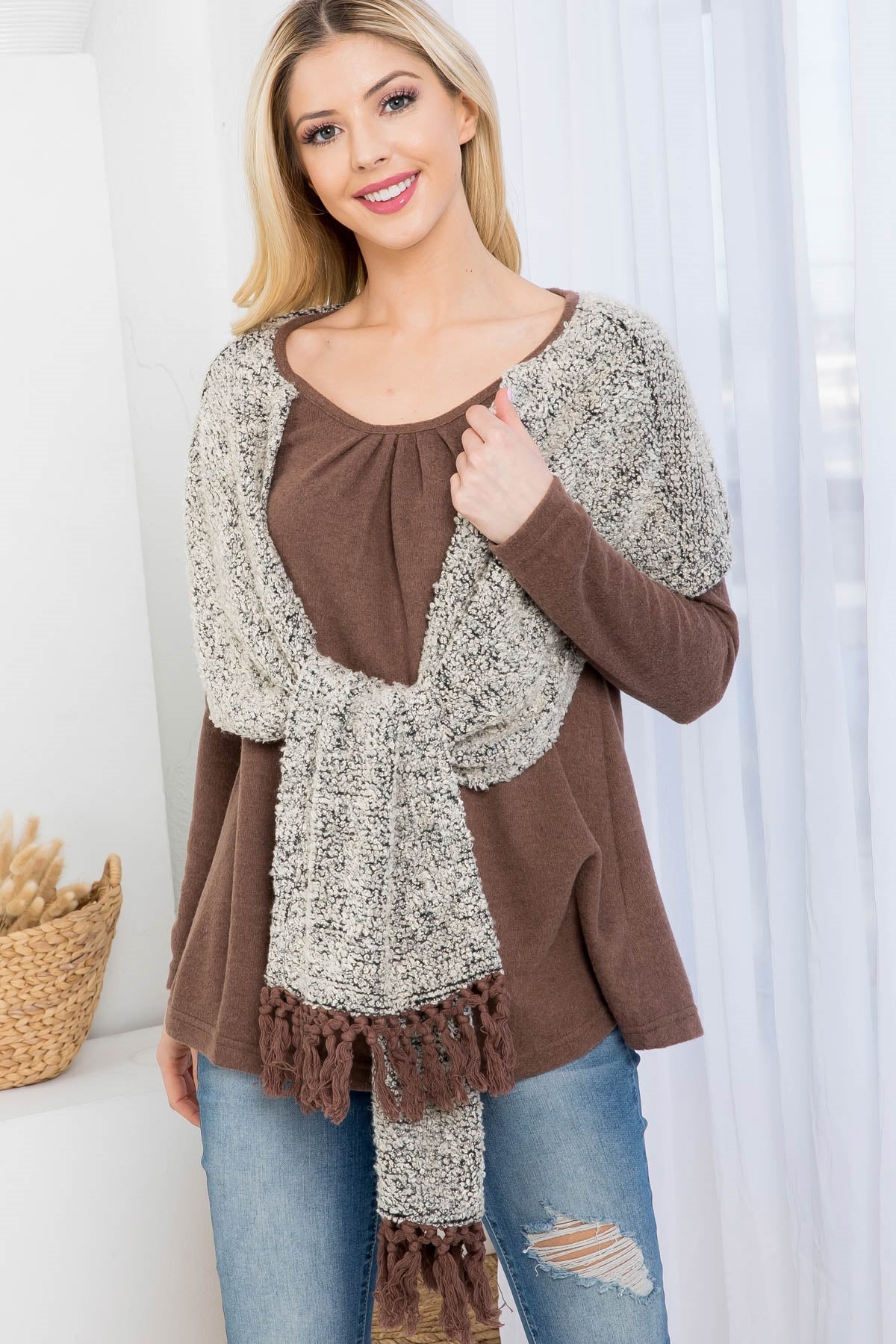 BROWN IVORY FAUX SCARF WITH FRINGE DETAIL LONG SLEEVE TOP