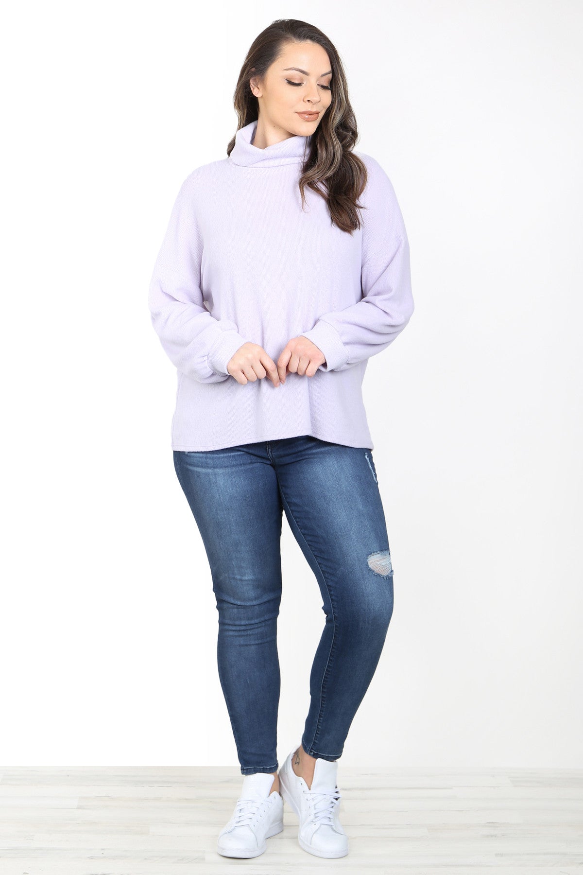 LAVENDER COWL TURTLE NECK BACK V-NECK CUT CUFFED LONG SLEEVE PLUS SIZE TOP