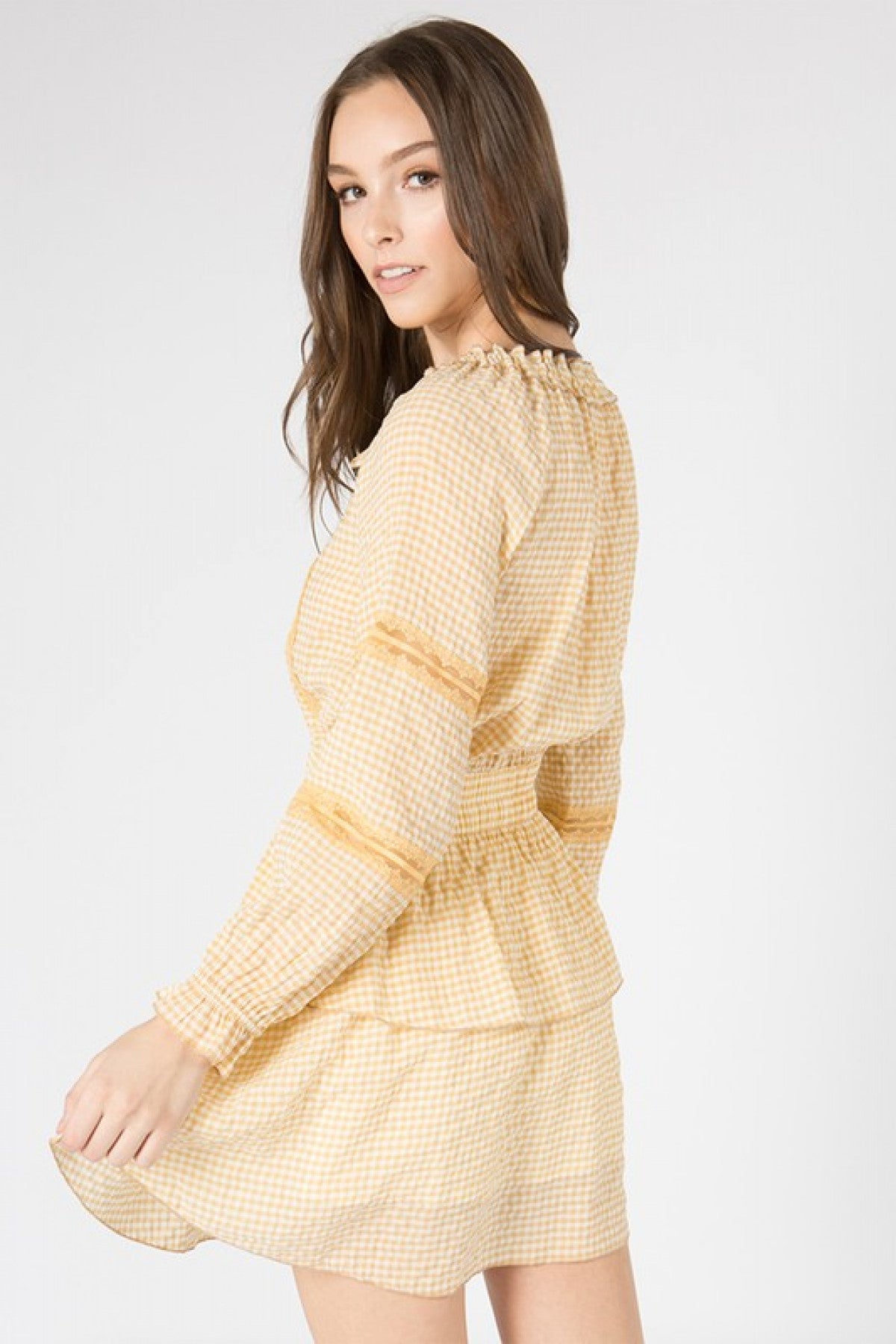 MUSTARD DRAW STRING NECK DETAIL STRETCH WAIST LONG SLEEVE MINI DRESS (NOW $3.00 ONLY!)
