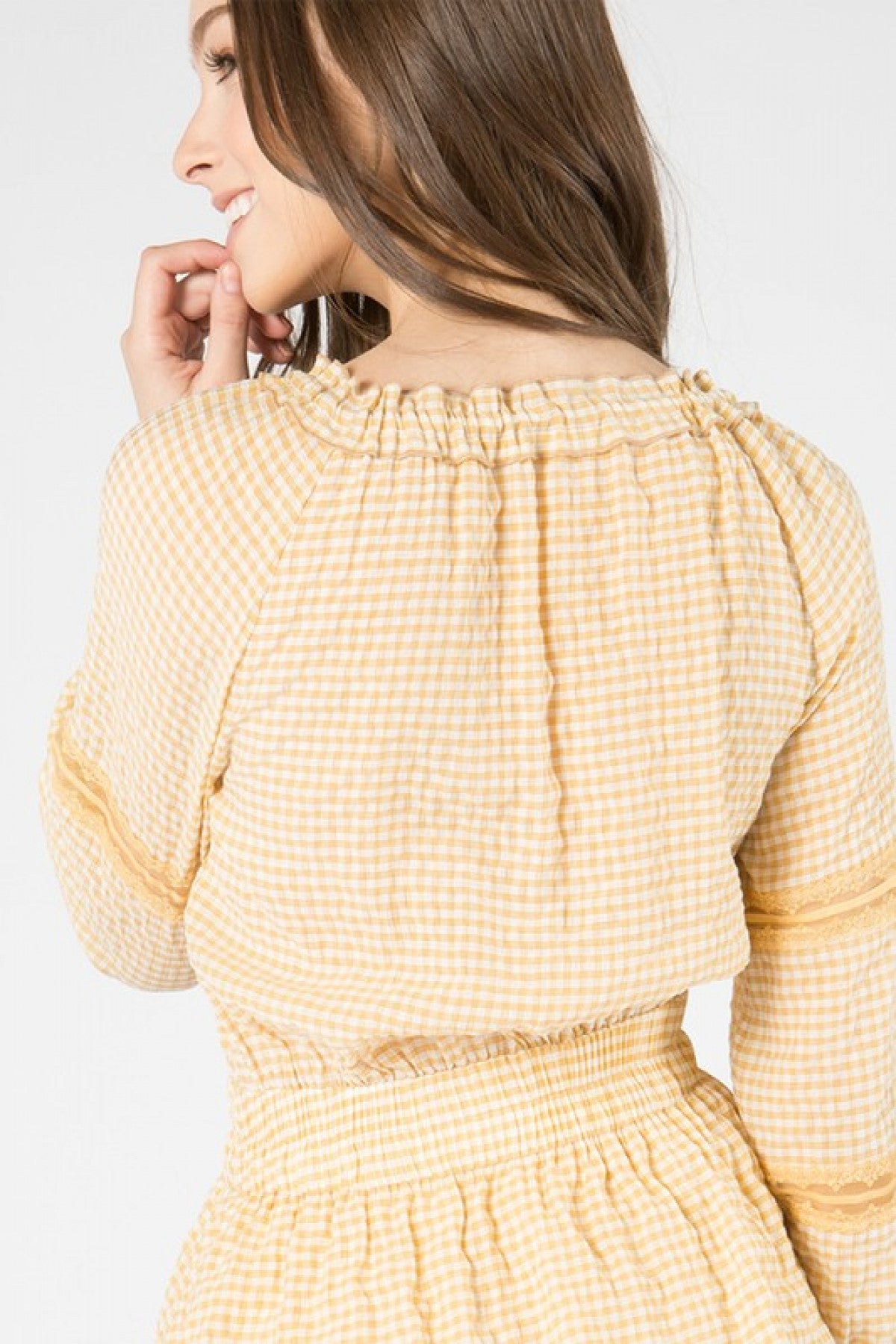 MUSTARD DRAW STRING NECK DETAIL STRETCH WAIST LONG SLEEVE MINI DRESS (NOW $3.00 ONLY!)