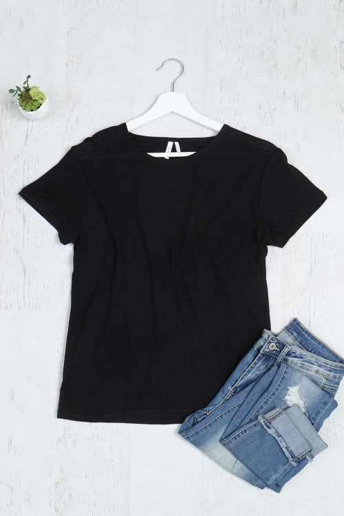 S12-5-4-T19X96 BLACK ROUND NECK BASIC BLOUSE TOP 1-2-2-1