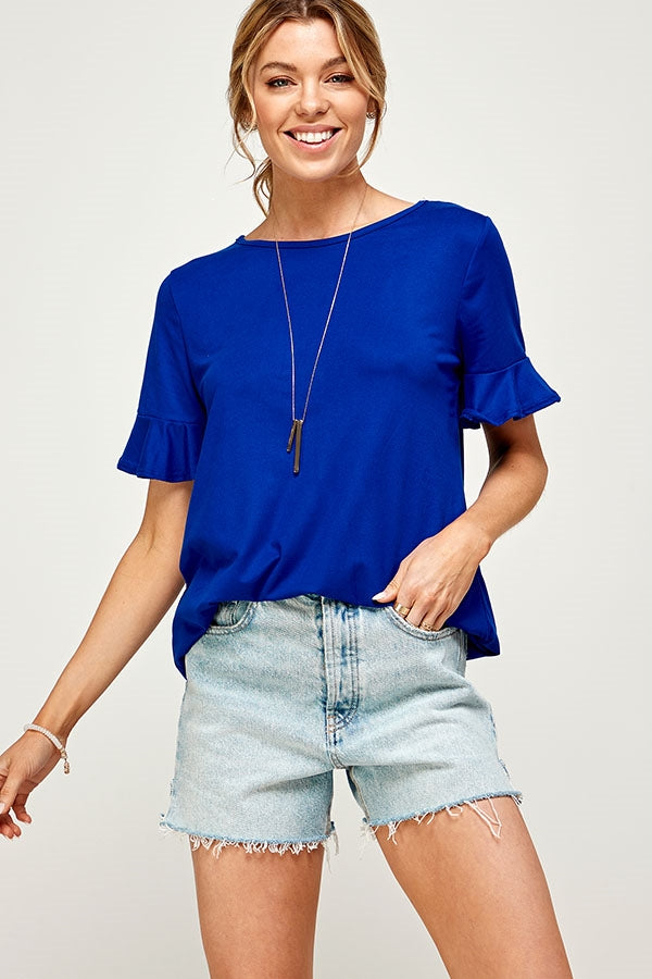 ROYAL BLUE ROUND NECK KEYHOLE BACK DETAIL RUFFLE SHORT SLEEVE PLUS SIZE TOP