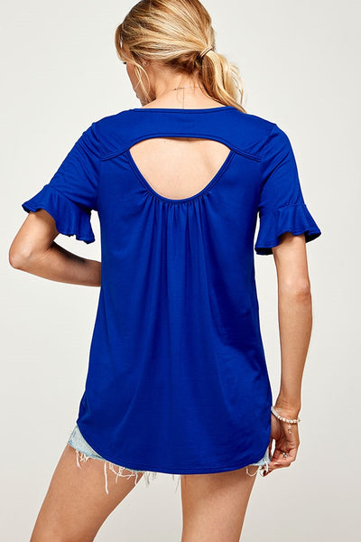 ROYAL BLUE ROUND NECK KEYHOLE BACK DETAIL RUFFLE SHORT SLEEVE PLUS SIZE TOP