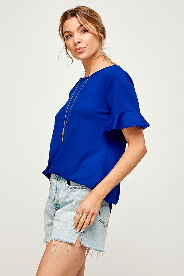 ROYAL BLUE ROUND NECK KEYHOLE BACK DETAIL RUFFLE SHORT SLEEVE PLUS SIZE TOP