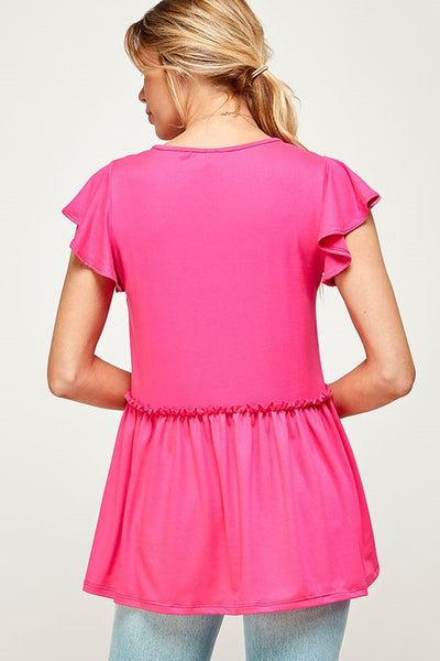 FUCHSIA ROUND NECK RUFFLE SHORT SLEEVE PLUS SIZE TOP 2-2-2