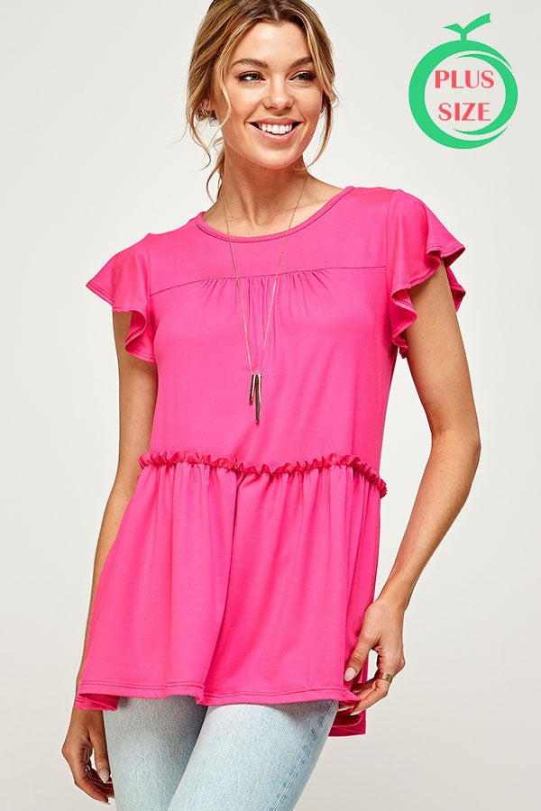 FUCHSIA ROUND NECK RUFFLE SHORT SLEEVE PLUS SIZE TOP 2-2-2