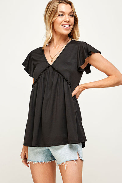 BLACK V-NECK RUFFLE SHORT SLEEVE RUFFLE BLOUSE PLUS SIZE TOP
