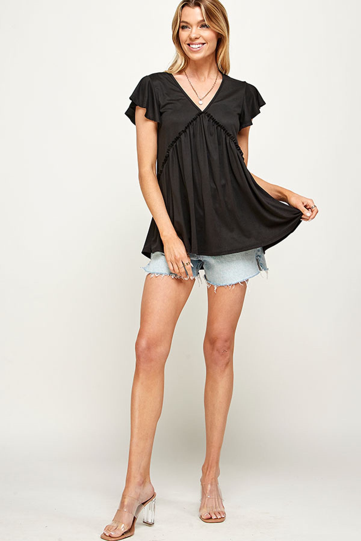 BLACK V-NECK RUFFLE SHORT SLEEVE RUFFLE BLOUSE PLUS SIZE TOP