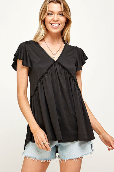 BLACK V-NECK RUFFLE SHORT SLEEVE RUFFLE BLOUSE PLUS SIZE TOP